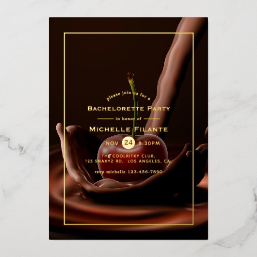 Cherry Chocolate Splash Junggeselinnen-Abschied Fo Folieneinladung (Vorderseite)