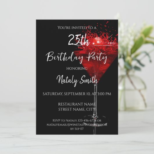 Cherry Cocktail auf schwarz Einladung (Stehend Vorderseite)