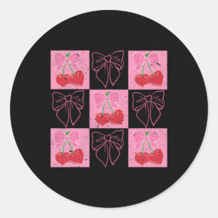 Cherry Coquette Bow Ribbon Pink Valentine überprüf Runder Aufkleber