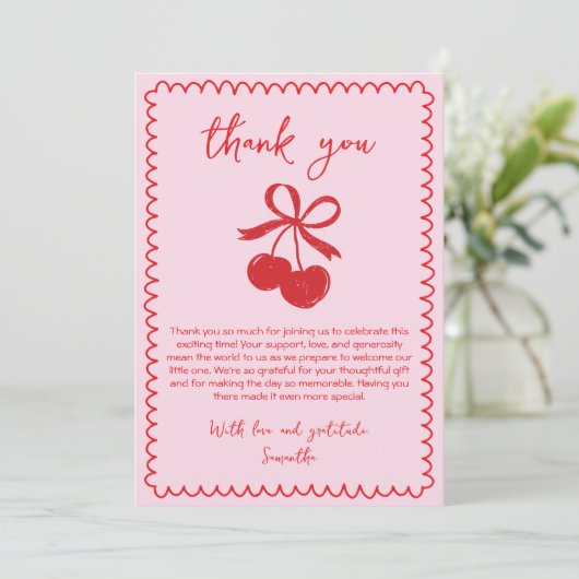 Cherry Coquette Hand Drawn Baby Girl Dusche Dankeskarte (Stehend Vorderseite)