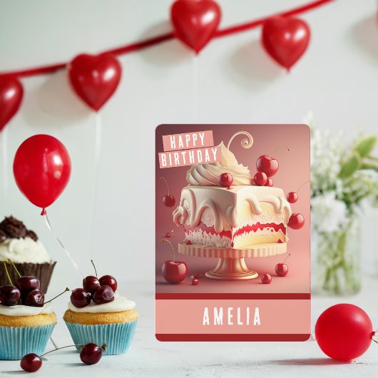 Cherry Cream Cake Birthday Card Feiertagskarte