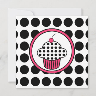 Cherry Cupcake Einladung Polka Dot / Pink & Black