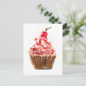 Cherry Cupcake Watercolor Postkarte (Stehend Vorderseite)