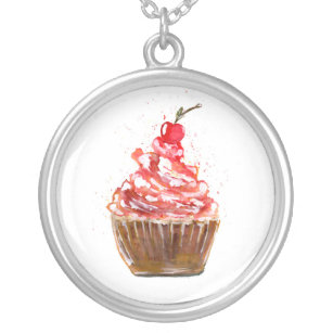 Cherry Cupcake Watercolor Versilberte Kette