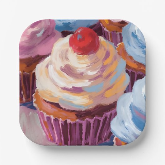 Cherry Cupcakes Happy Birthday Party Pappteller (Vorderseite)