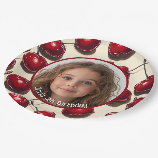 Cherry Custom Foto and name Paper Plate Pappteller (Schrägansicht)