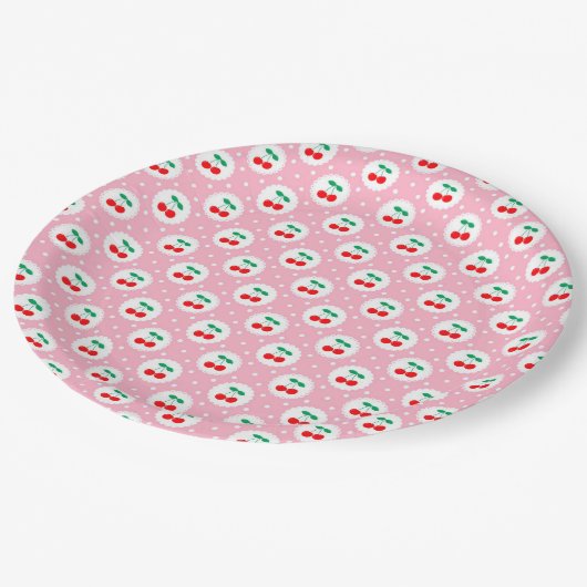 Cherry Dot Pattern - Retro Fruit Gift & Decke Pappteller (Schrägansicht)