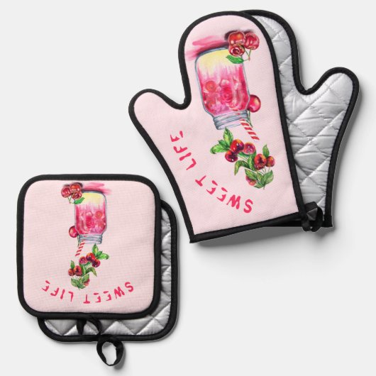 Cherry Drink Oven Mitt & Pot Holder Set (Vorderseite/Rückseite)