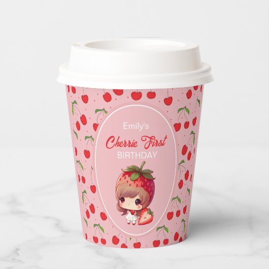 CHERRY Einladung zum ersten Geburtstag Pappbecher (Rückseite)