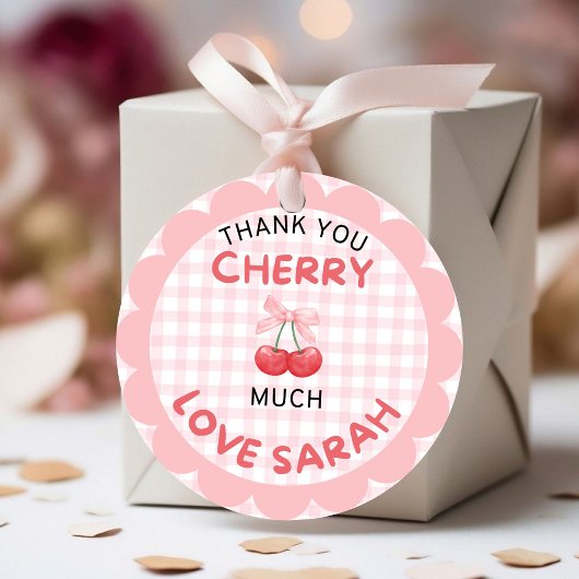 Cherry erster Geburtstag Pink Bow Gingham Sticker
