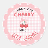 Cherry erster Geburtstag Pink Bow Gingham Sticker (Vorderseite)