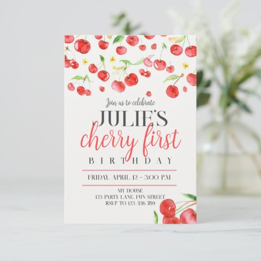 Cherry first birthday ankündigung (Stehend Vorderseite)