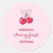 Cherry First Birthday Coquette Bow Favor Runder Aufkleber (Vorderseite)