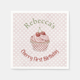 Cherry First Birthday Coquette Watercolor Cupcake Serviette