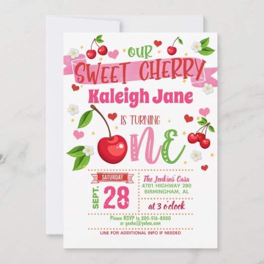 Cherry First Birthday Invitation Einladung (Vorderseite)