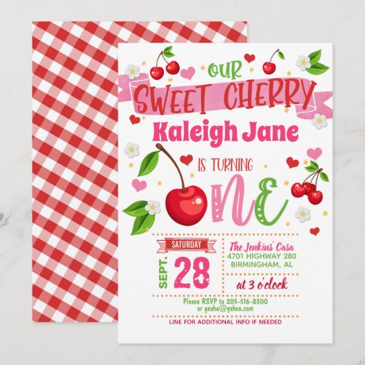 Cherry First Birthday Invitation Einladung (Vorne/Hinten)