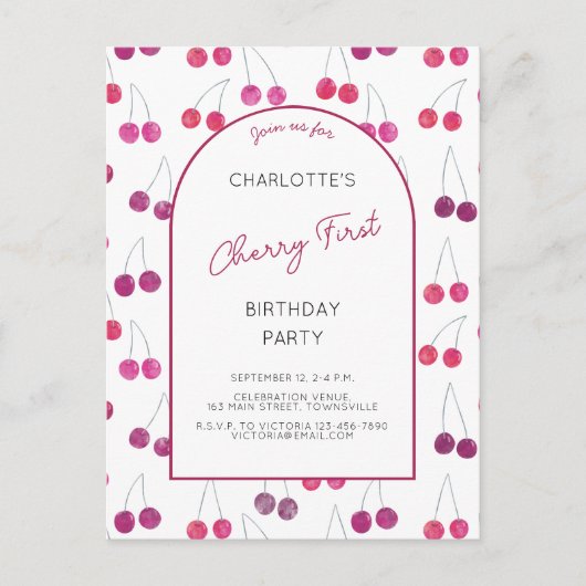 Cherry First Birthday Party Einladung Postkarte (Vorderseite)