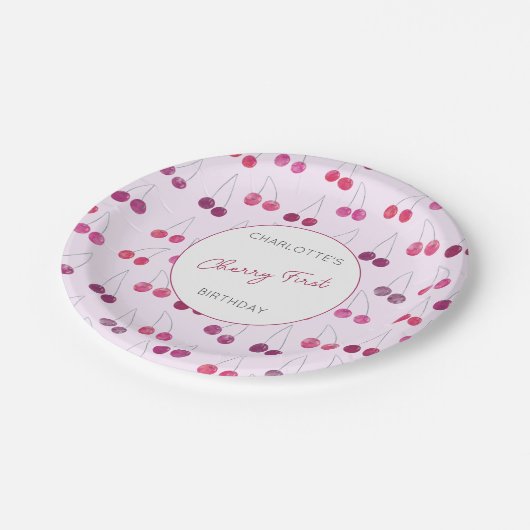 Cherry First Birthday Personalisiert Watercolor Pi Pappteller (Schrägansicht)