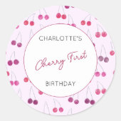 Cherry First Birthday Personalisiert Watercolor Runder Aufkleber (Vorderseite)