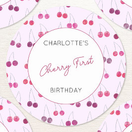 Cherry First Birthday Personalisiert Watercolor Runder Aufkleber