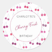Cherry First Birthday Personalisiert Watercolor Runder Aufkleber (Vorderseite)