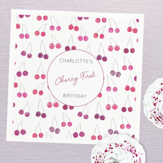 Cherry First Birthday Personalisiert Watercolor Serviette