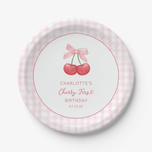 Cherry First Birthday Pink Gingham Girls Ein Jahr Pappteller (Vorderseite)