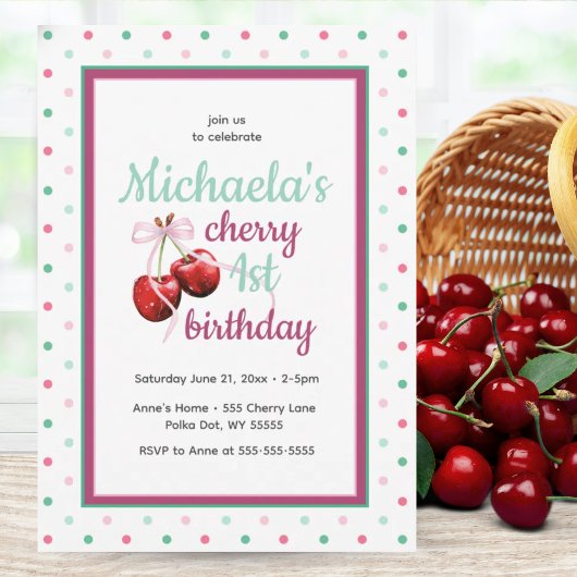 Cherry First Birthday Polka Dot Theme Einladung