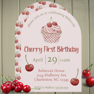 Cherry First Birthday Watercolor Coquette Cupcake Einladung