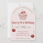 Cherry First Birthday Watercolor Coquette Cupcake Einladung (Vorderseite)