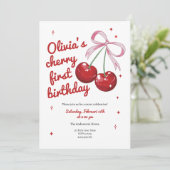 Cherry First Coquette Bow Pink Girl Geburtstag Einladung (Stehend Vorderseite)