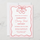 "Cherry First" Geburtstag Pink Stripe Bow Girly Einladung (Vorderseite)
