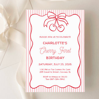 "Cherry First" Geburtstag Pink Stripe Bow Girly Einladung