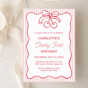 "Cherry First" Geburtstag Rosa Streifen Schleife M Einladung