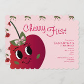 Cherry First Girl Niedlicher Cartoon Sweet 1st Bir Einladung (Vorne/Hinten)
