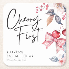 Cherry First Pink Bow Coquette 1. Geburtstag Rechteckiger Pappuntersetzer