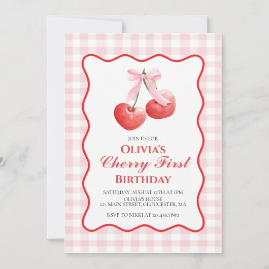 Cherry First Pink Bow Preppy 1. Geburtstag Einladung (Vorderseite)