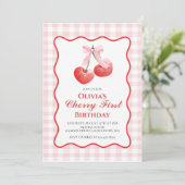 Cherry First Pink Bow Preppy 1. Geburtstag Einladung (Stehend Vorderseite)