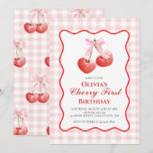 Cherry First Pink Bow Preppy 1. Geburtstag Einladung (Vorne/Hinten)