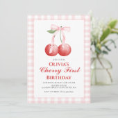 Cherry First Pink Bow Preppy 1. Geburtstag Einladung (Stehend Vorderseite)