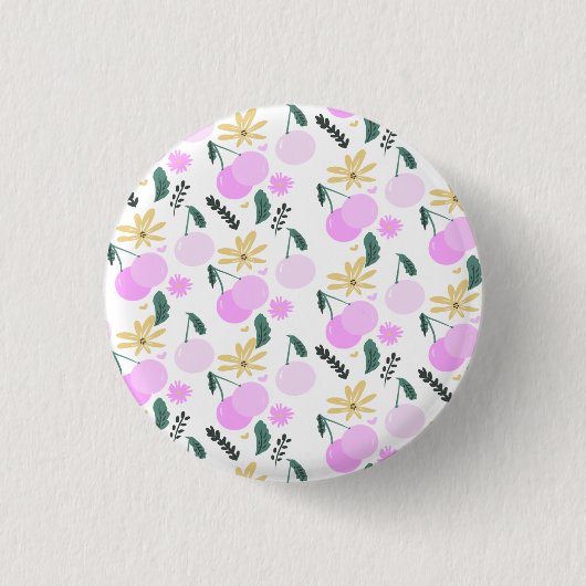 Cherry Floral Greenery Gelb Rosa Herz Muster Button (Vorderseite)