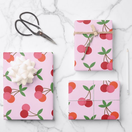 Cherry Frucht Muster in Rosa und Rot Personalisier Geschenkpapier Set (Vorderseite)
