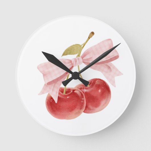 Cherry Girl-Dekoration, rosa Coquette Bow Cherry Runde Wanduhr (Vorderseite)