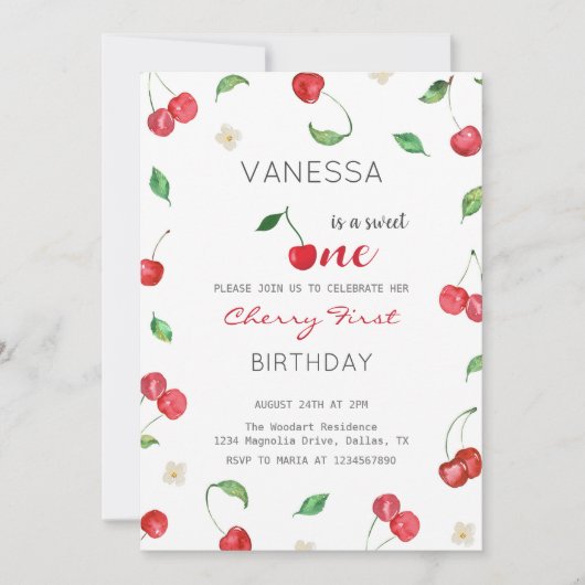 Cherry Girl zum ersten Geburtstag Einladung (Vorderseite)