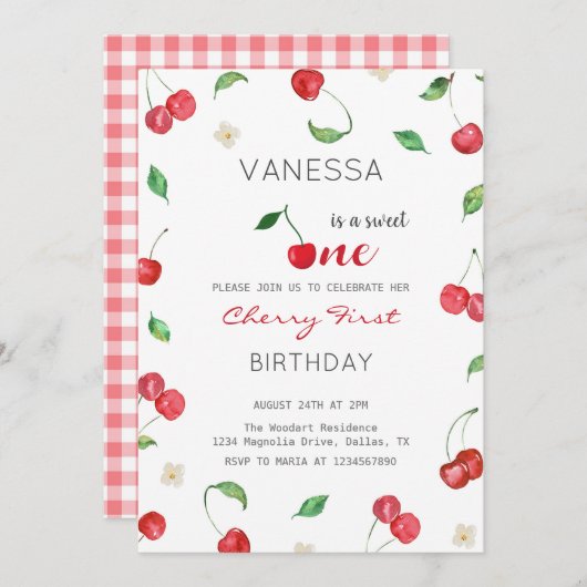Cherry Girl zum ersten Geburtstag Einladung (Vorne/Hinten)
