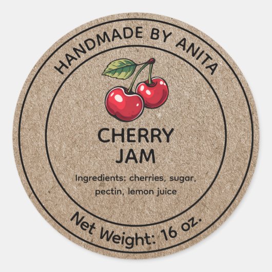 Cherry Jam Jelly Jar Label Kraft Paper Style Runder Aufkleber (Vorderseite)
