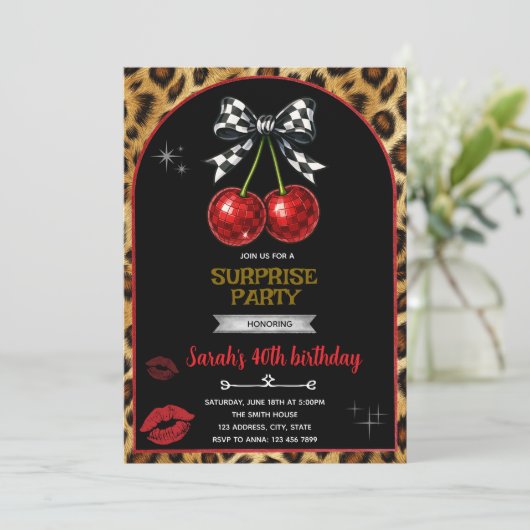 Cherry Leopard party Invitation Einladung (Stehend Vorderseite)