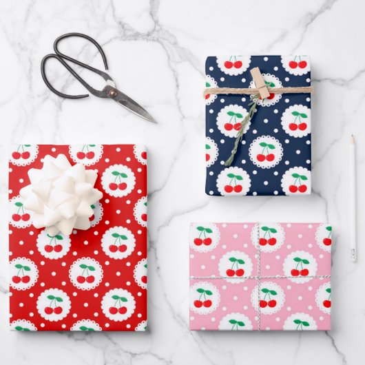 Cherry Muster - Retro Fruit Gift & Decke Geschenkpapier Set (Vorderseite)