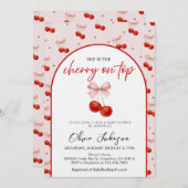 Cherry on Top Baby Shower, Cherry with Pink Bow Einladung (Vorne/Hinten)