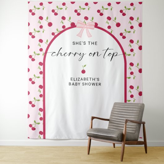Cherry On Top Baby Shower Coquette Bow Backdrop Wandteppich (Beispiel)